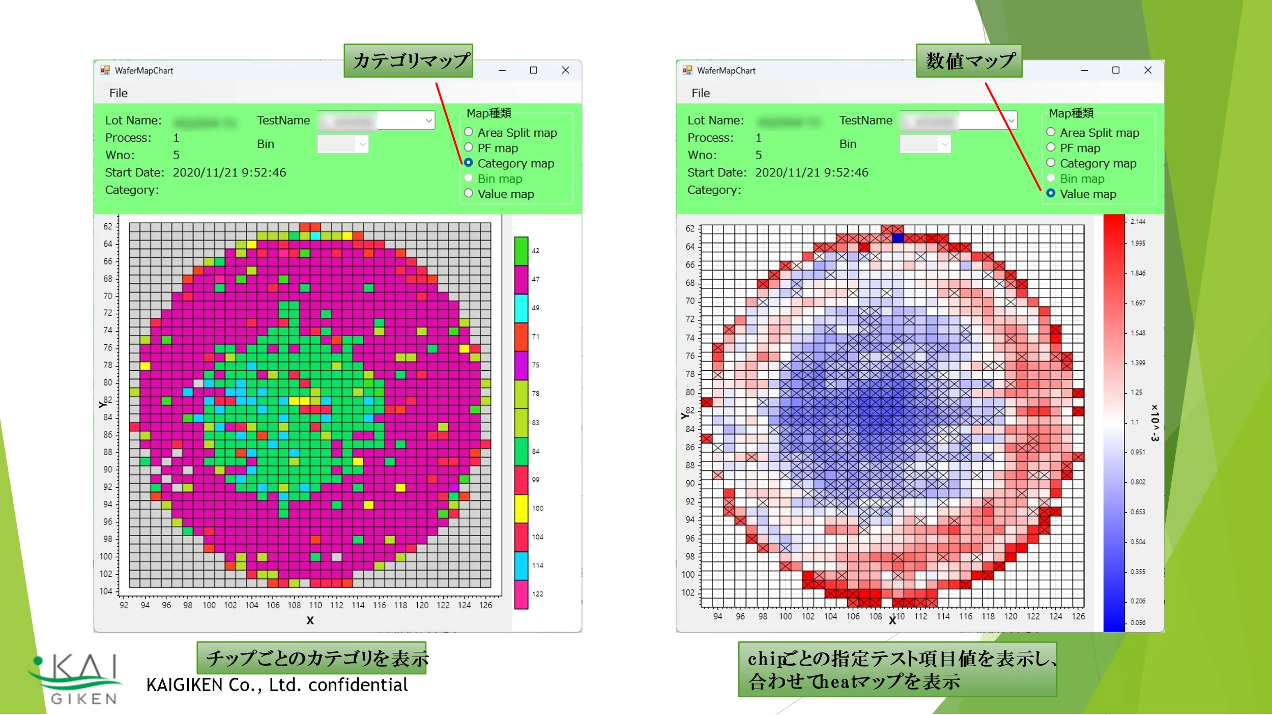 カテゴリマップと数値マップの表示例。チップごとのカテゴリや指定テスト項目値をWafer上に表示する。